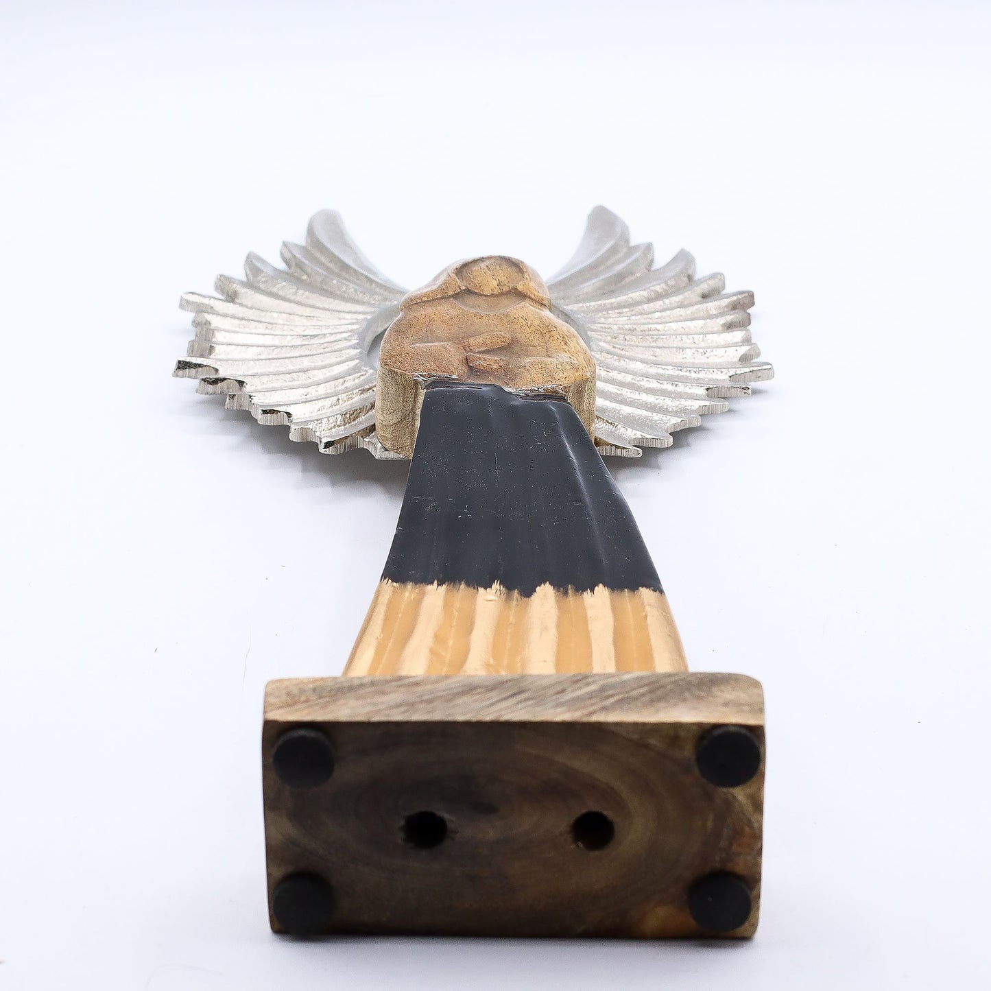Ángel guardián grande de madera de mango con alas de metal y detalles esmaltados - 40 cm