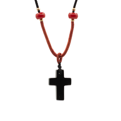 Kordelhalskette mit Edelstein-Anhänger – Schwarzes Achatkreuz