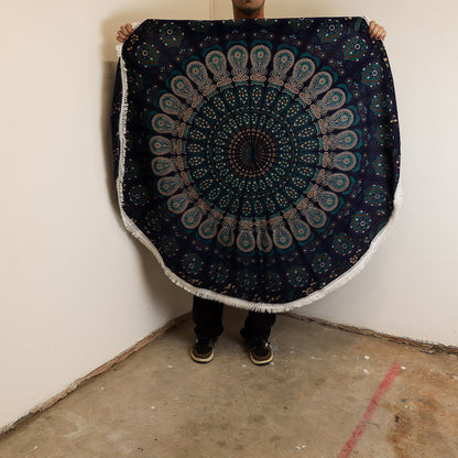 Petit tapis rond en coton mandala (130 cm) - Bleu paon