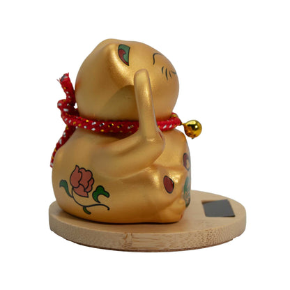 Chat porte-bonheur solaire avec base en bois - Patte dorée mobile