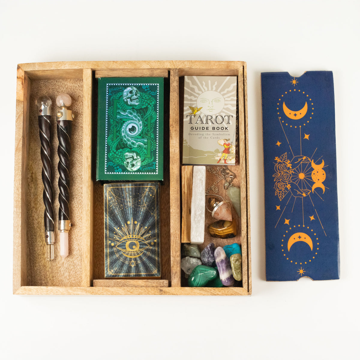 Bandeja de Tarot con Fases Lunares Azules y soporte para cartas