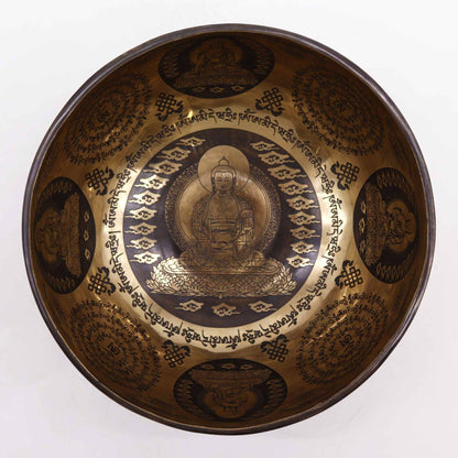 Gravierte heilende tibetische Klangschale – 21 cm – 5 Buddhas