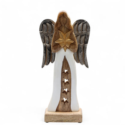 Ángel estrella grande de madera de mango con alas de metal y detalles esmaltados - 30 cm
