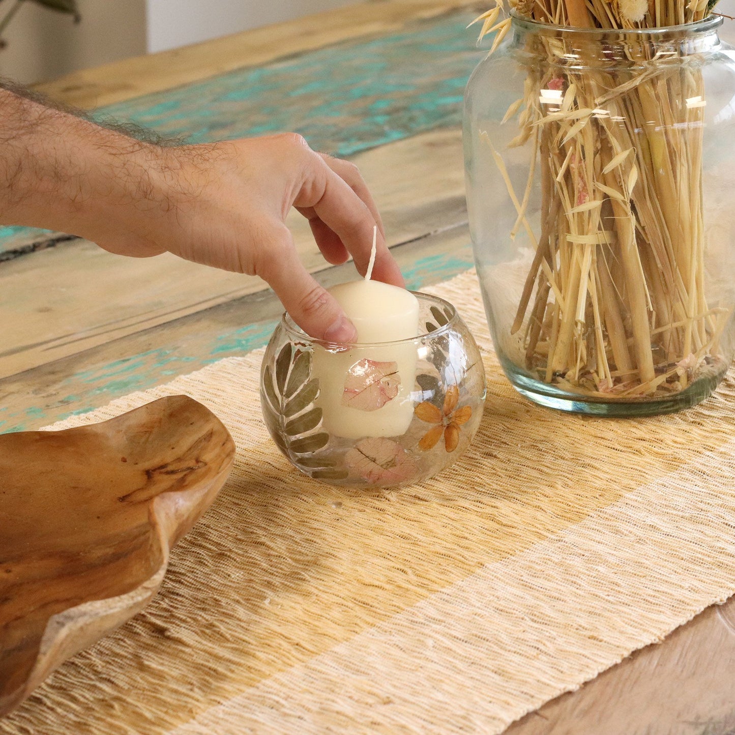 Natürlicher Kerzenhalter aus Glas mit Blumenmuster – Schale – Frühling (8 x 10 cm)