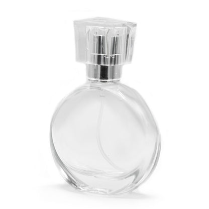 Flacon ovale de 50 ml, spray argenté et bouchon en verre