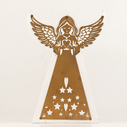 Ángel de madera de mango - acabado lavado blanco con recorte decorativo de hierro - 22 cm