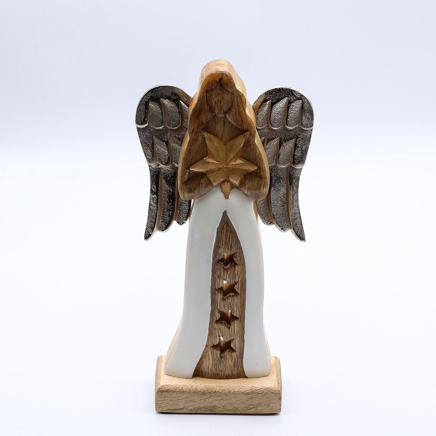 Ángel estrella grande de madera de mango con alas de metal y detalles esmaltados - 30 cm
