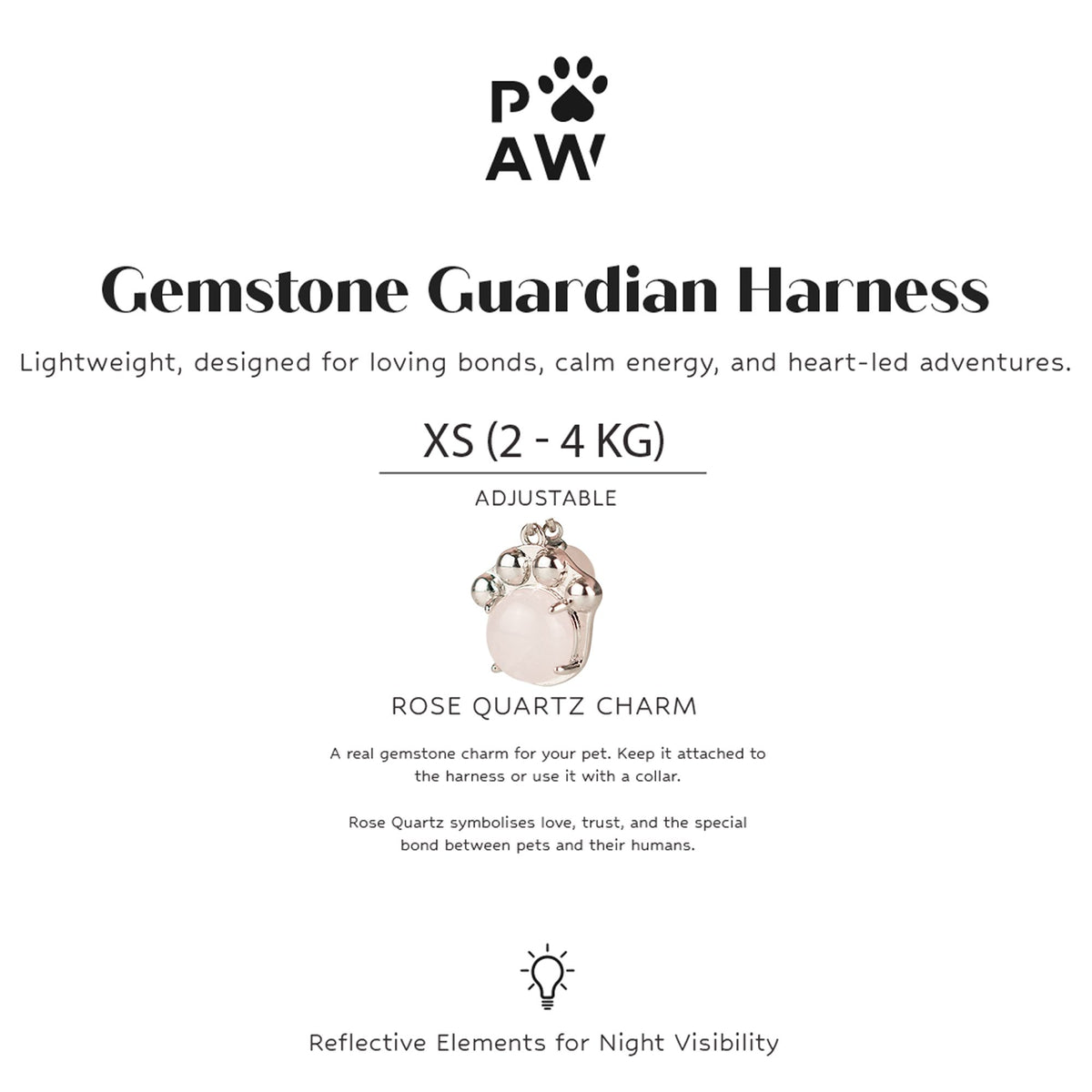 PAW - XS (2-4 kg) Arnés de paso para perros Guardian con malla reflectante - Rosa suave - Colgante de cuarzo rosa