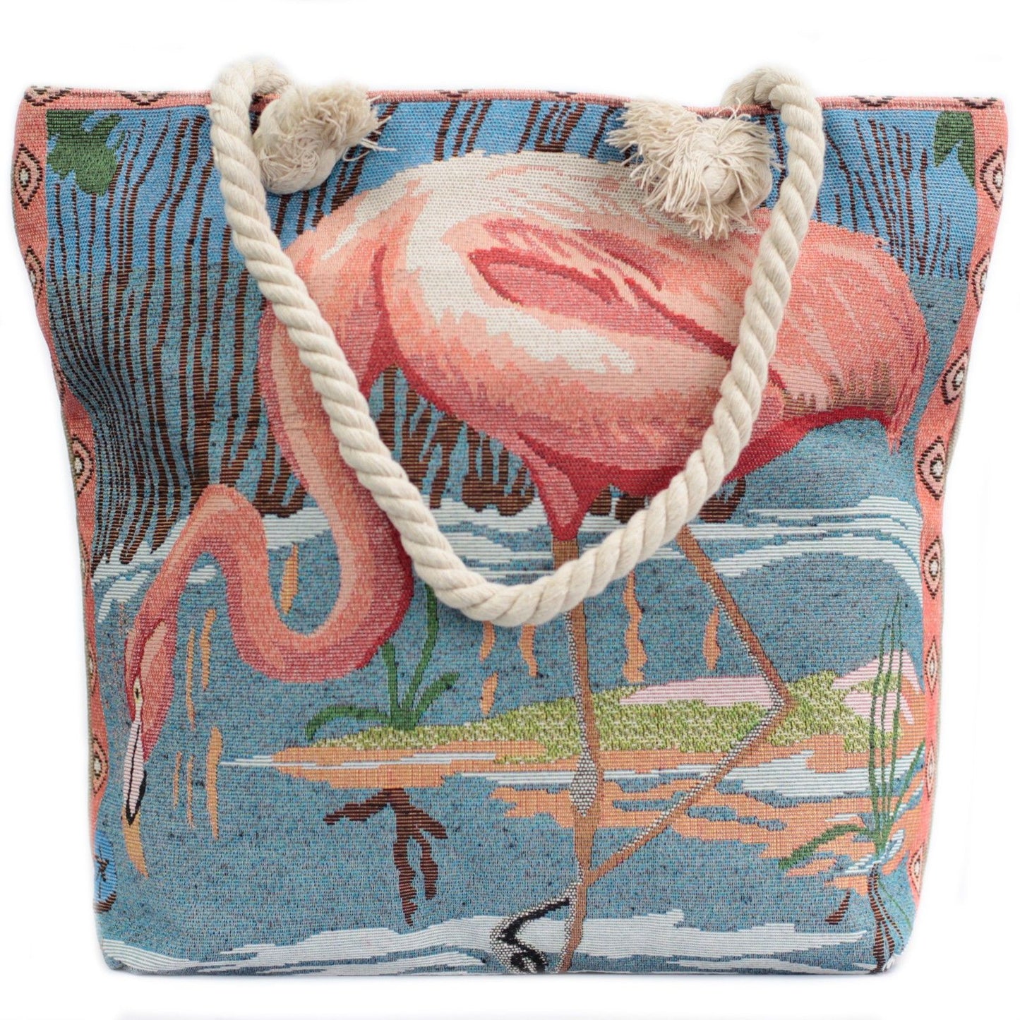 Sac cabas avec anse en corde - flamant rose dans le lagon