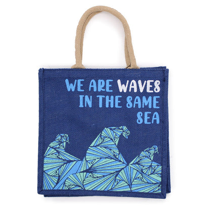 bolsa de yute estampada - Somos olas - Cinza, Azul y Natural