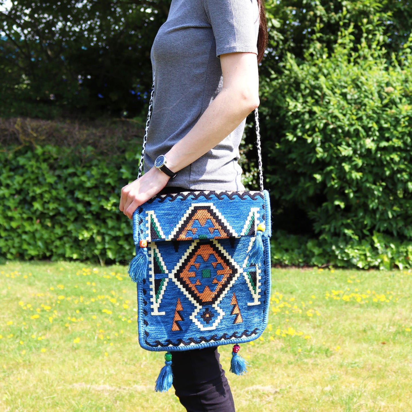 Bolso bandolera de festival Kilim azul cielo