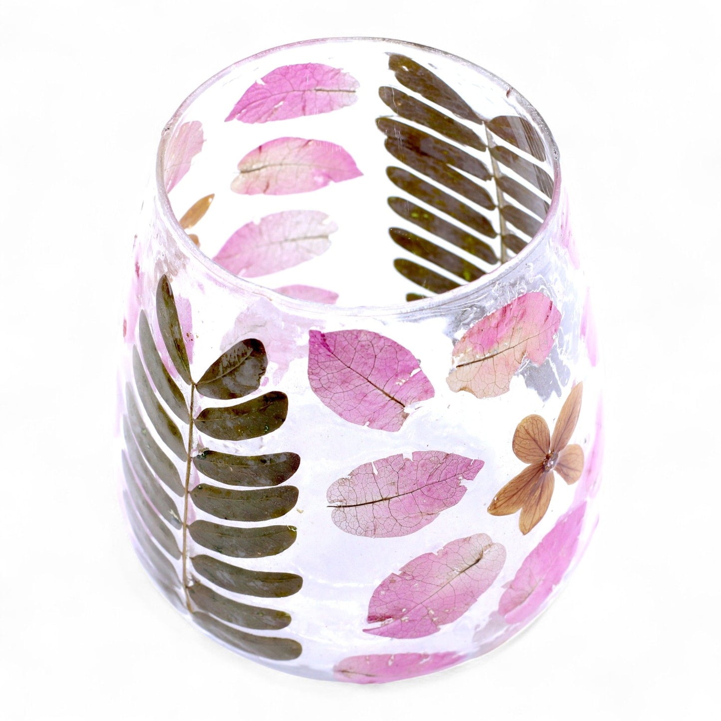 Natürlicher Kerzenhalter aus Glas mit Blumenmuster – Vase – Frühling (12 x 11 cm)