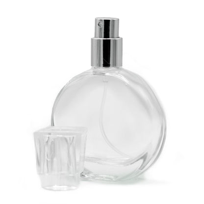 Flacon ovale de 50 ml, spray argenté et bouchon en verre