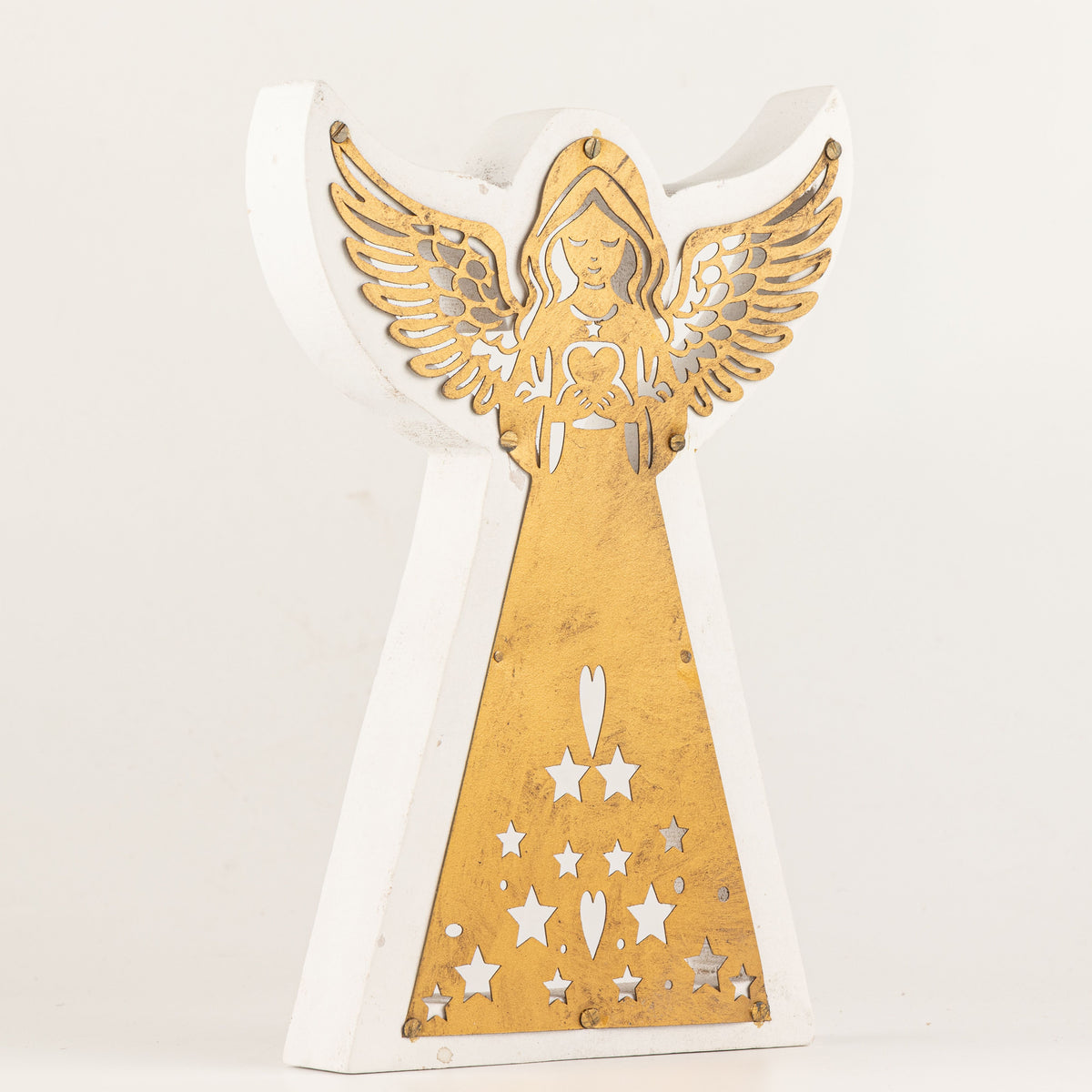Ángel de madera de mango - acabado lavado blanco con recorte decorativo de hierro - 22 cm