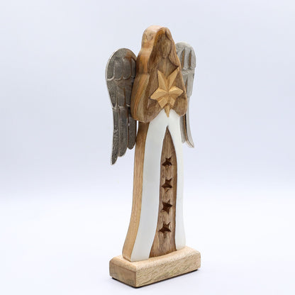 Ángel estrella grande de madera de mango con alas de metal y detalles esmaltados - 30 cm