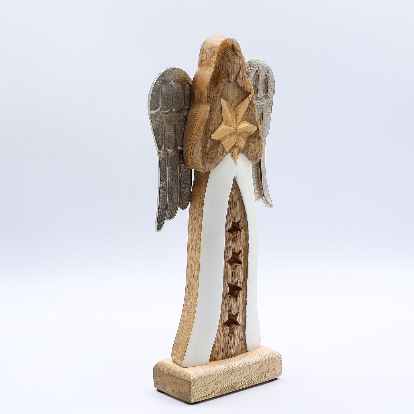 Ángel estrella grande de madera de mango con alas de metal y detalles esmaltados - 30 cm