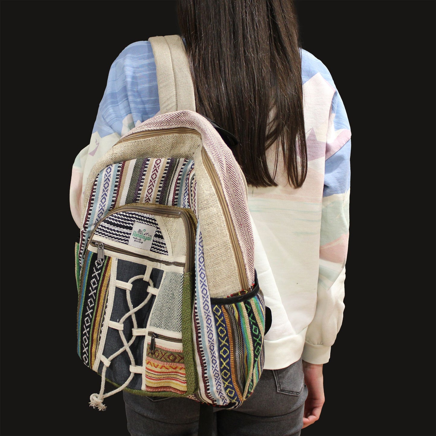 Großer Hanf-Rucksack – Seil-Stil mit Taschen