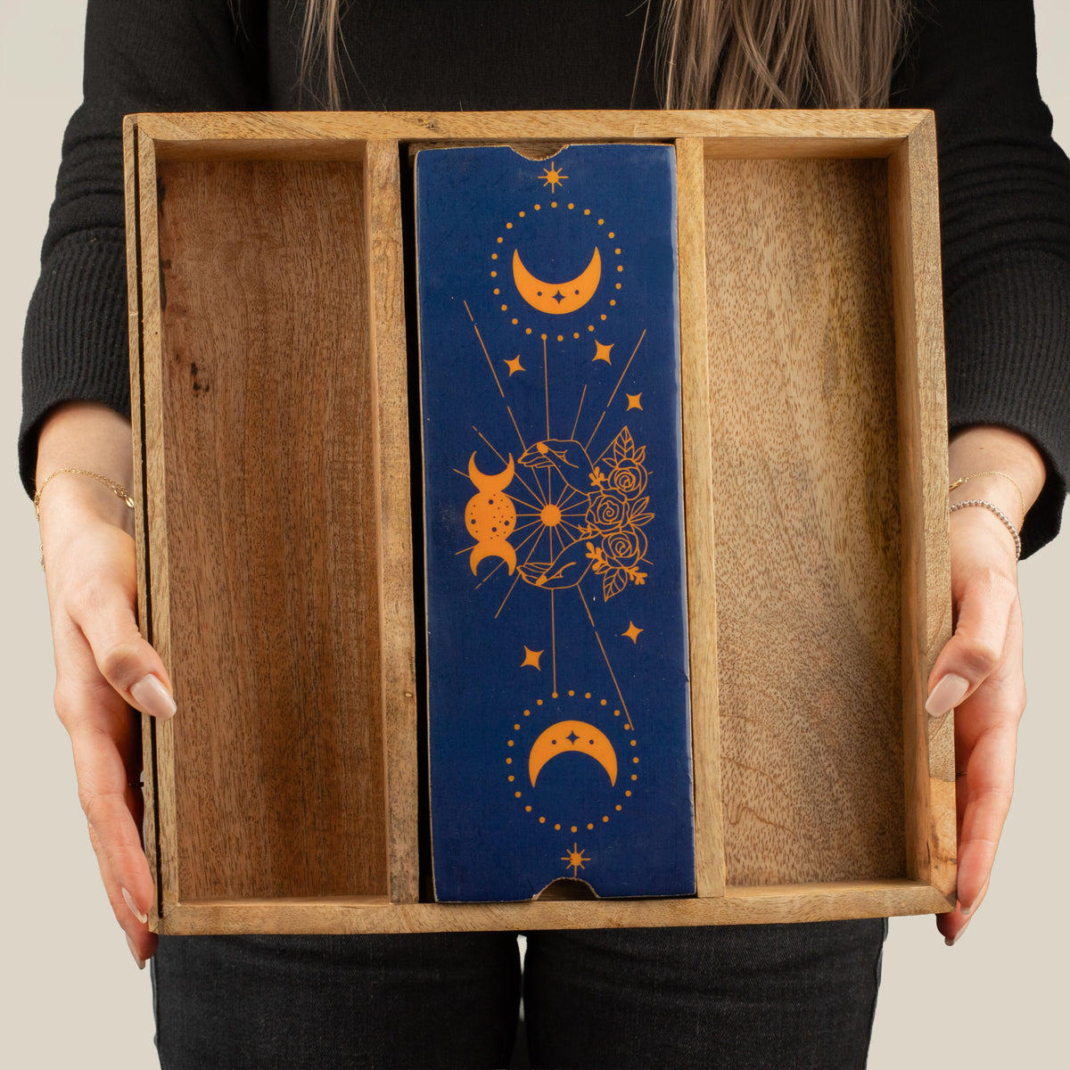 Bandeja de Tarot con Fases Lunares Azules y soporte para cartas