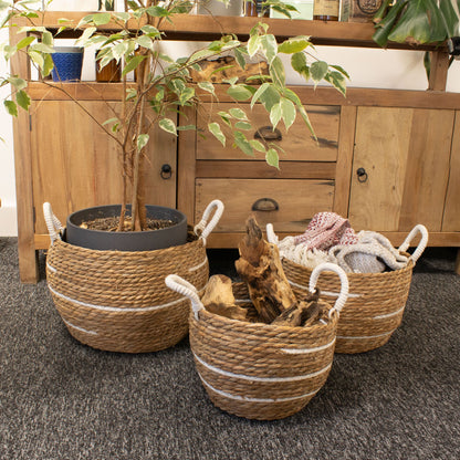 Große Körbe aus Baumwolle und Seegras – Naturfarbene Streifen – 3er-Set