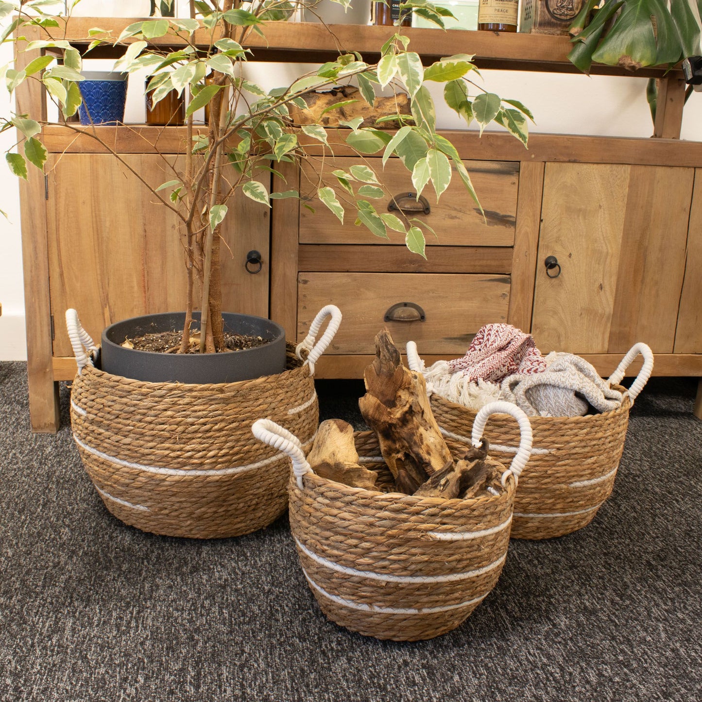 Große Körbe aus Baumwolle und Seegras – Naturfarbene Streifen – 3er-Set