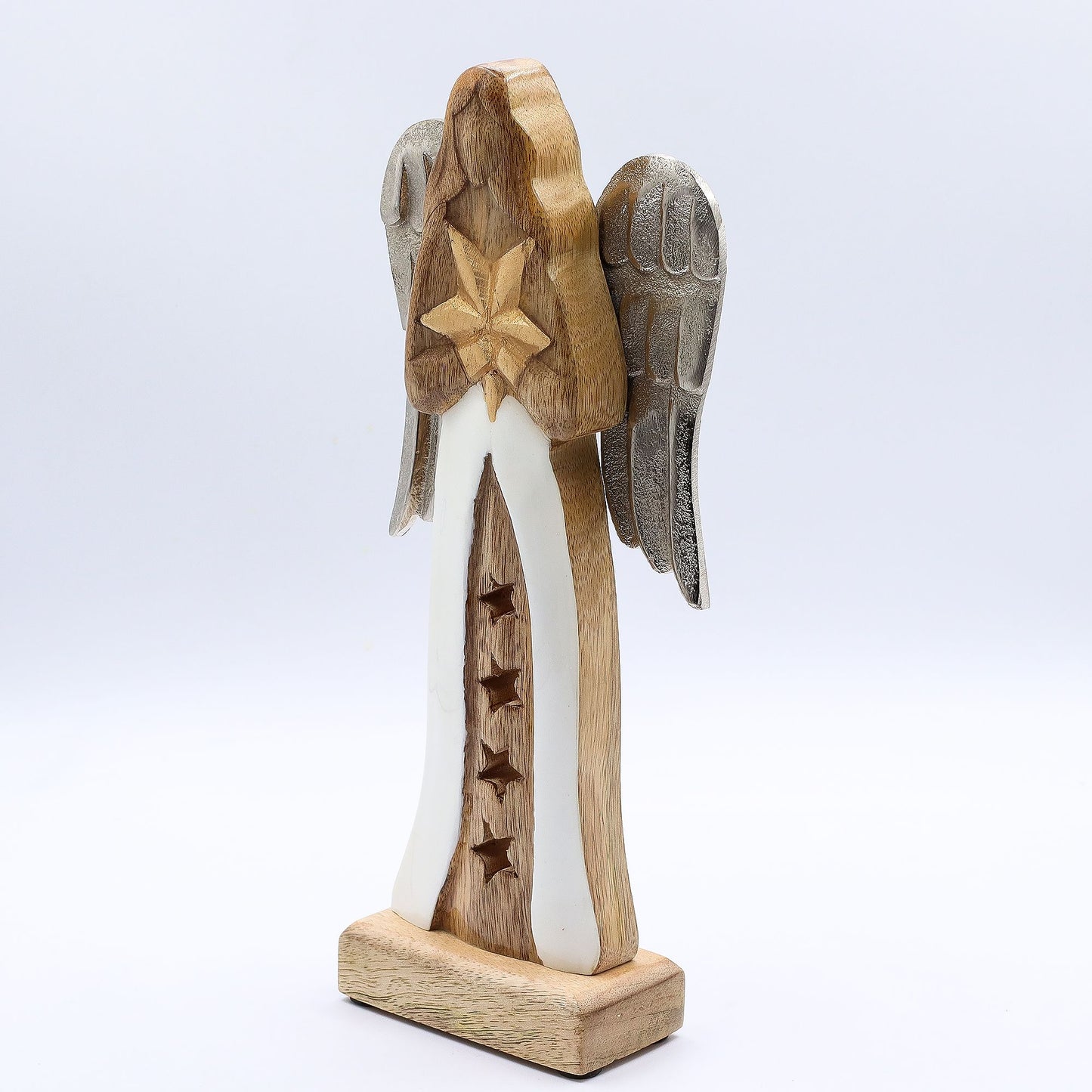 Ángel estrella grande de madera de mango con alas de metal y detalles esmaltados - 30 cm