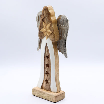 Ángel estrella grande de madera de mango con alas de metal y detalles esmaltados - 30 cm