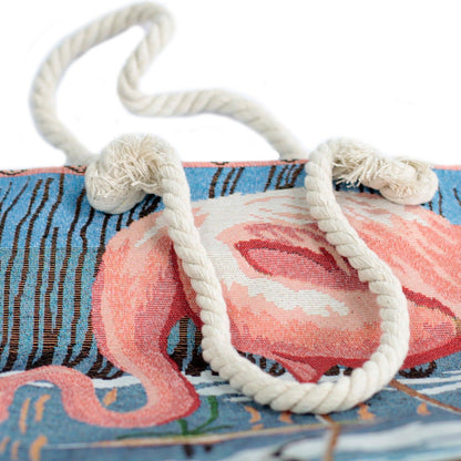 Sac cabas avec anse en corde - flamant rose dans le lagon