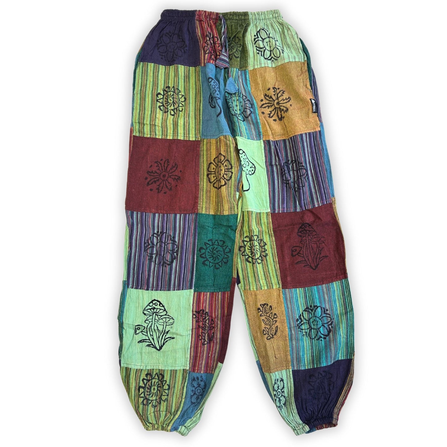 Sari Nómada - Pantalón Hongo - Diseños con Estampado de Bloques - Tonos Verdes (110x120cm) L/XL