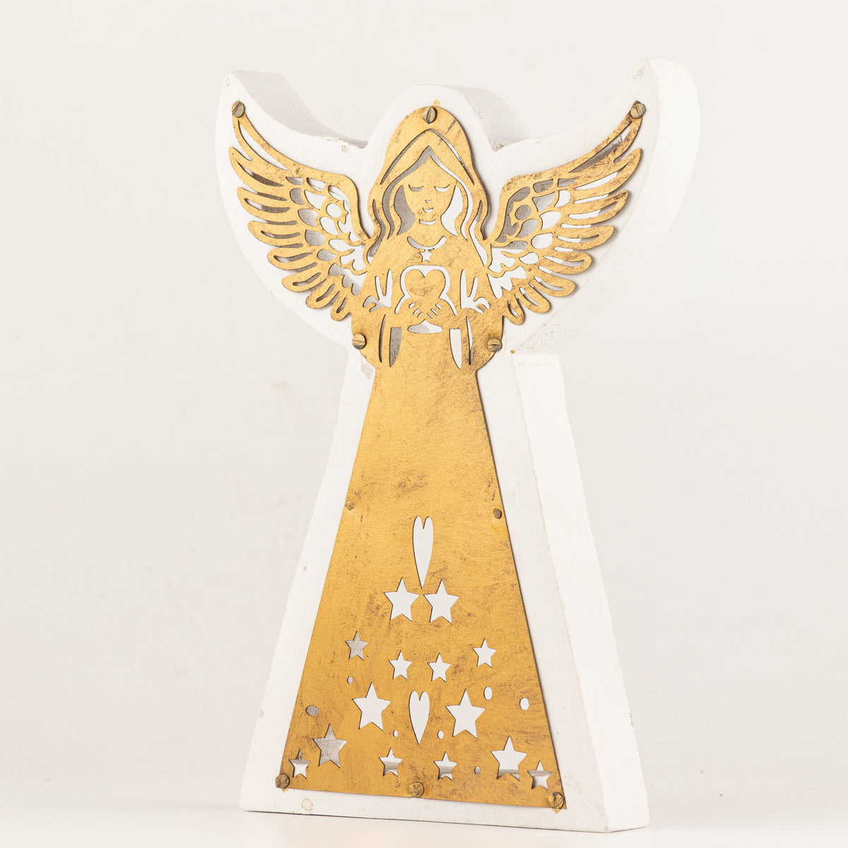 Ángel de madera de mango - acabado lavado blanco con recorte decorativo de hierro - 22 cm