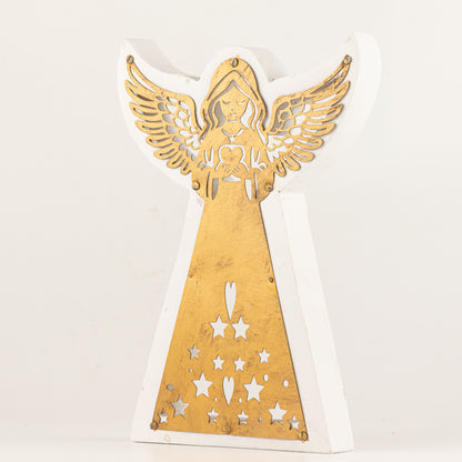 Ángel de madera de mango - acabado lavado blanco con recorte decorativo de hierro - 22 cm