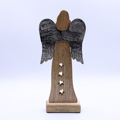 Ángel estrella grande de madera de mango con alas de metal y detalles esmaltados - 30 cm